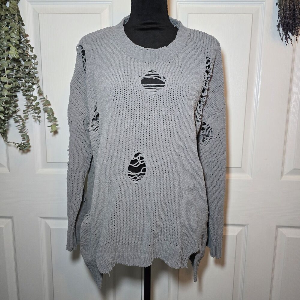 Debut Distressed Torn Ripped Grey Knitted Sweater Grunge Goth XS